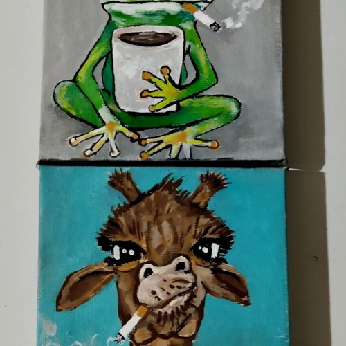 Set of 2 Handmade Surreal Frog and Smoking Giraffe Paintings