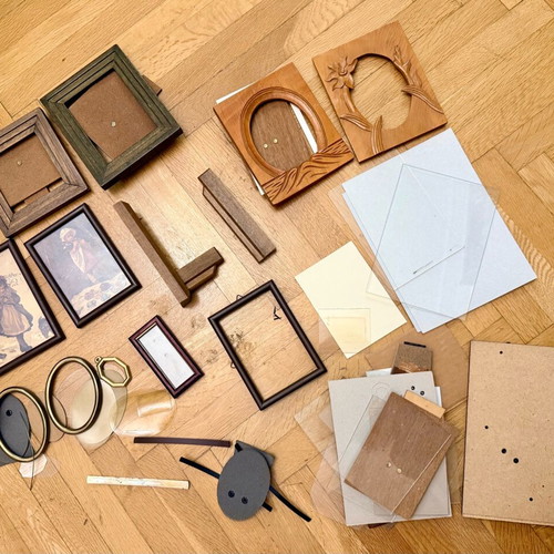 Vintage frame set used with materials for artists