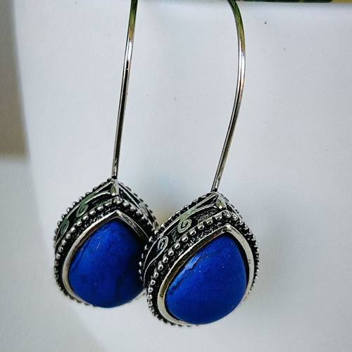 Boho silver teardrop earrings with blue stone
