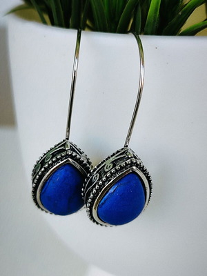 Boho silver teardrop earrings with blue stone