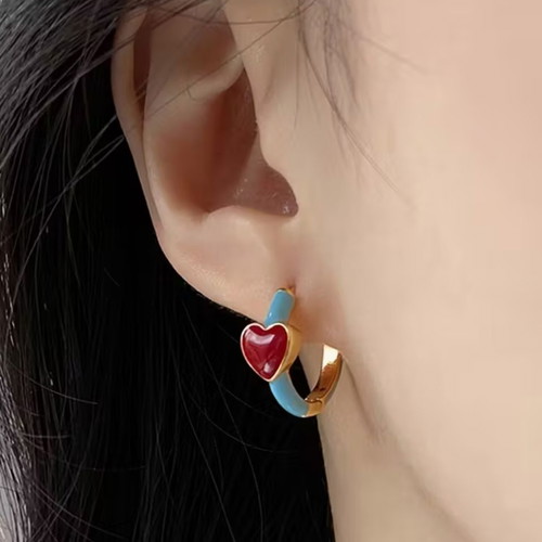 Heart hoop earrings new with gold finish and blue details