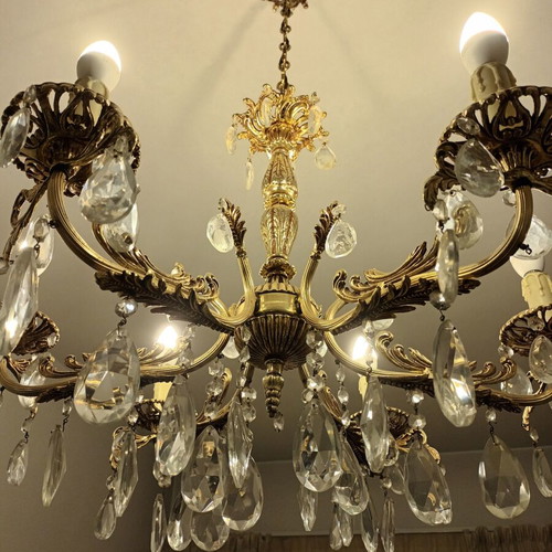 Chandelier, brass with crystals