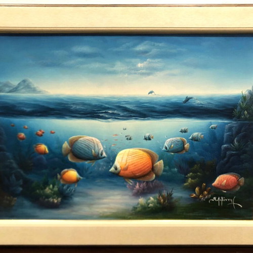 Canvas painting "Βυθος με τροπικα ψαρια" like new with wooden frame 83x108 cm
