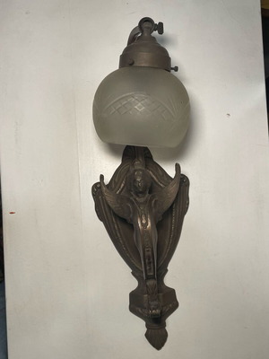 Bronze wall light like new with carved white glass and angel shape