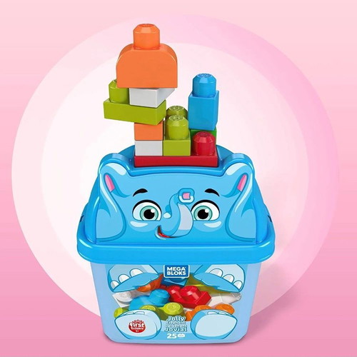 Fisher Price Mega Bloks Elephant Bucket like new with 25 blocks
