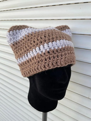 Handmade Beanie With Cat Ears New, Brown and White Stripes