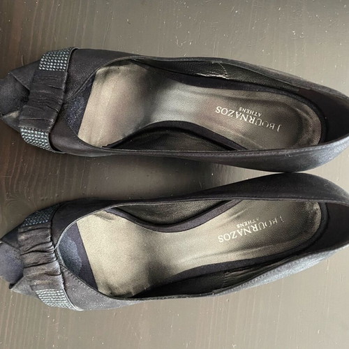 Peep-toe shoes J. Bournazos used, blue satin with strass, size 39