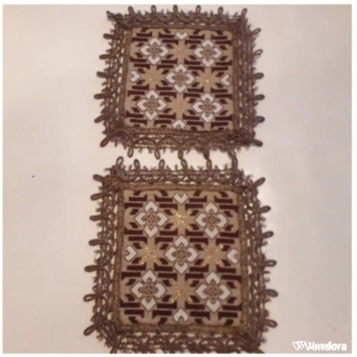 Vintage handmade table linens used, set of two, earth tones with gold thread