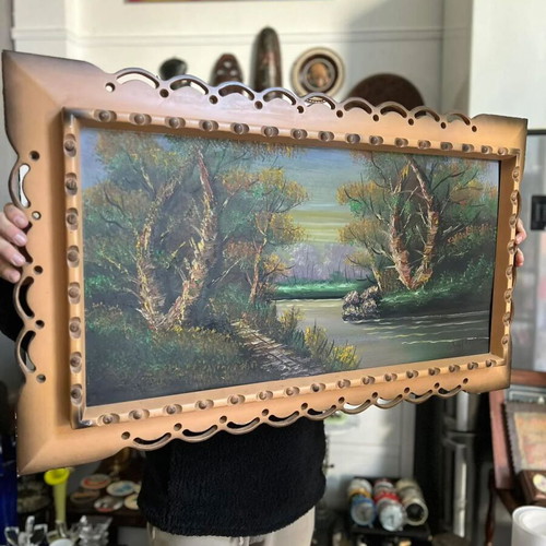 Large painting with ornate wooden frame used, signed