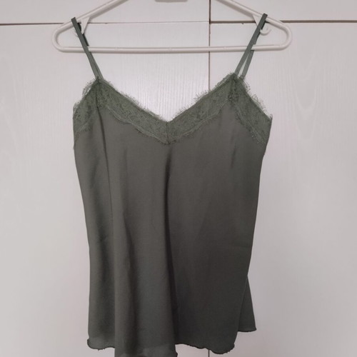 Khaki oil satin camisole used, small medium with lace