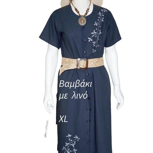 Black linen and cotton dress with embroidery XL like new