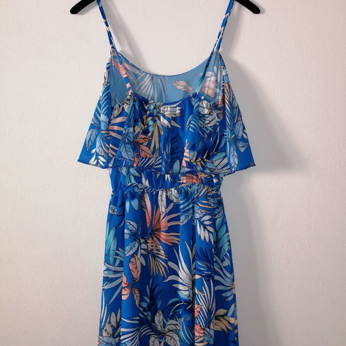 Blue mini dress with floral patterns and straps, new S/M