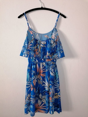 Blue mini dress with floral patterns and straps, new S/M