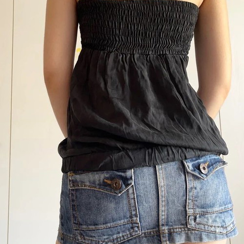 Toi & Moi silk strapless top y2k, black and grey