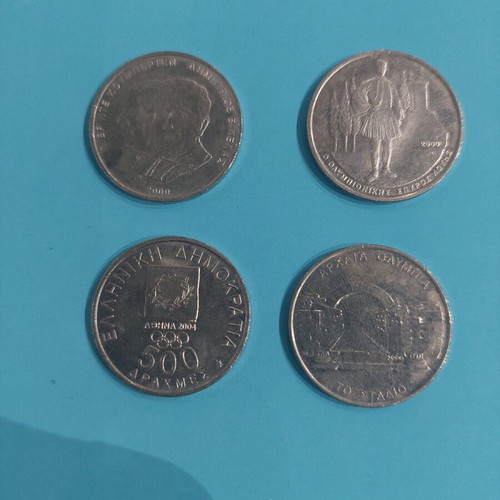 500 Drachma Coins used, pack of 4, Olympic Games editions