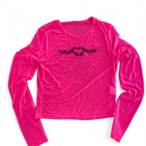 IAMGIA pink mesh crop top with black tribal graphic