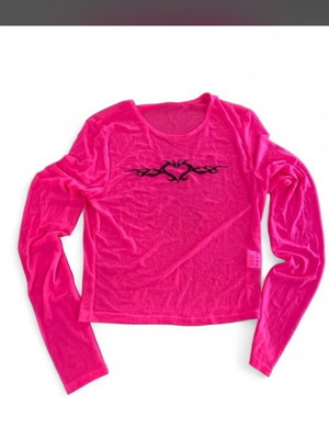 IAMGIA pink mesh crop top with black tribal graphic