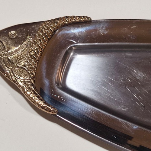 Serving platters used, stainless steel with brass engravings, set of 3