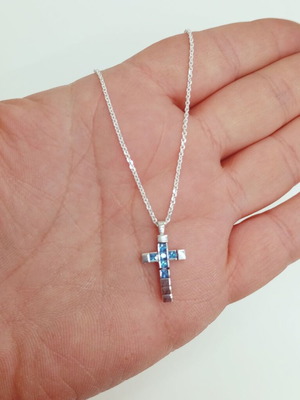 Ασημένιο κολιέ σταυρός καινούργιο με γαλάζια ζιργκόν και αλυσίδα 925°