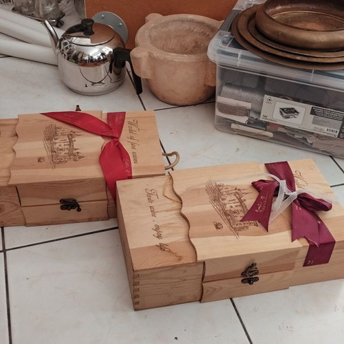 Set of two wooden wine gift boxes, Angelidis cellar like new
