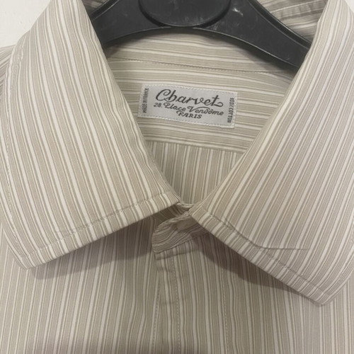 Charvet men long-sleeve shirt like new, beige striped, French cuff, cotton