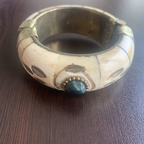 Ethno bracelet made of brass and bone, vintage inlay, boho style, like new