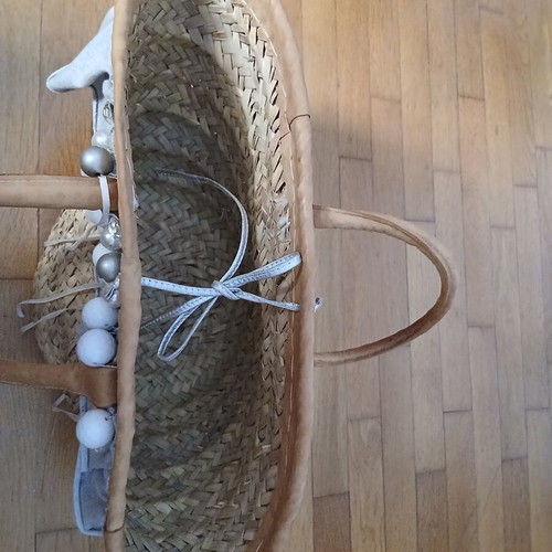 Handmade straw beach bag with decorative details, like new, beige