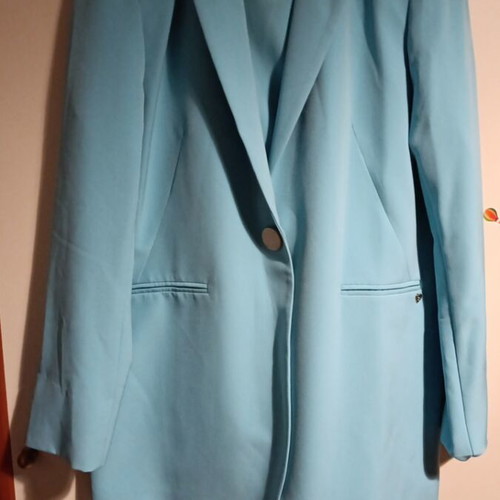 Suit turquoise with long blazer and straight high-waisted trousers like new