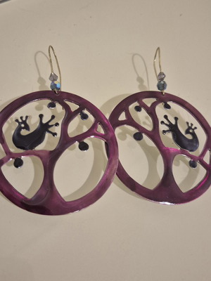 Statement acrylic earrings 'Tree of Life & Bird', purple