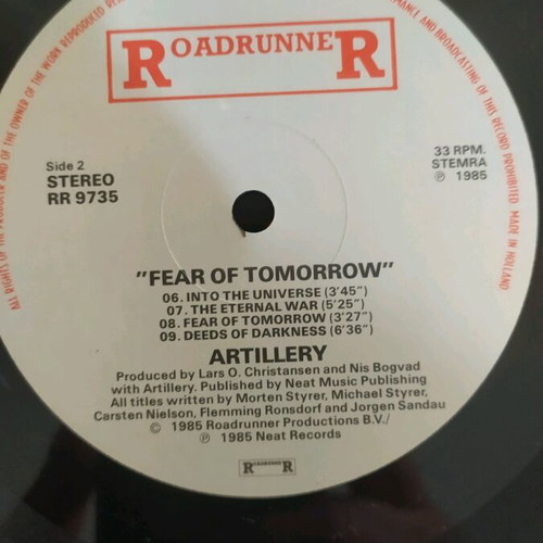 Artillery Fear Of Tomorrow vinyl album used, metal