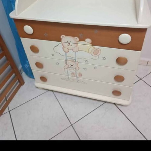 Cot bed with mattress and cherry wood drawers like new