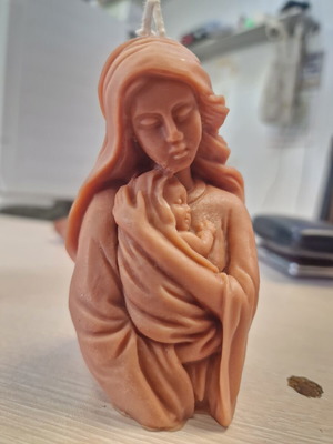 Beeswax candle new, detailed religious design