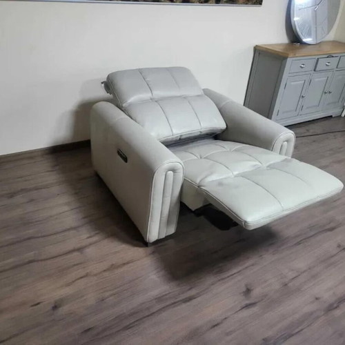 Light gray-cream leather armchair with electric relax mechanism new