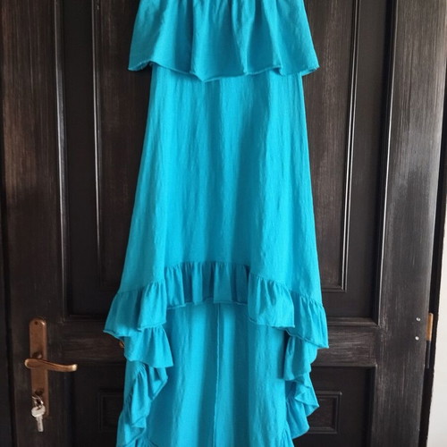 Hi-low strapless dress with ruffles new, turquoise Easy