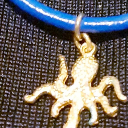 Octopus bracelet blue genuine leather with gold metal charm, handmade