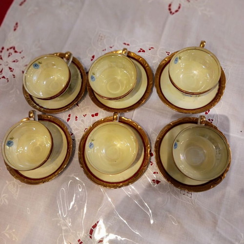 Vintage porcelain tea set 6 pieces used with burgundy and gold details