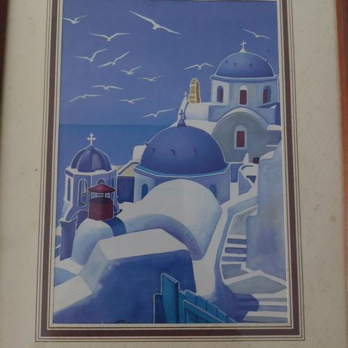 Decorative frame with glass used, Greek island depiction