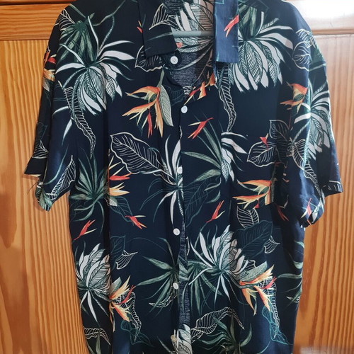 Floral short sleeve shirt, size Large, blue multicolor