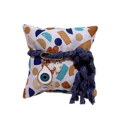 Baby amulet pillow white printed with pin, eye charm and cross
