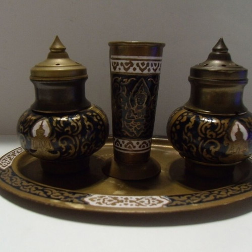 Old Metal Brass Salt Shaker Set with Stand used