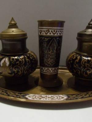 Old Metal Brass Salt Shaker Set with Stand used