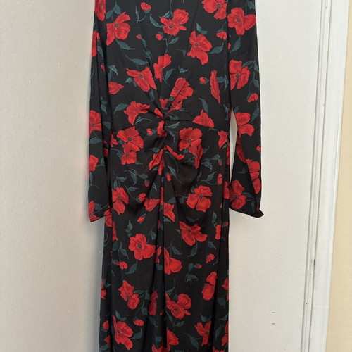 Pink Woman midi floral dress with knot like new, black with red flowers