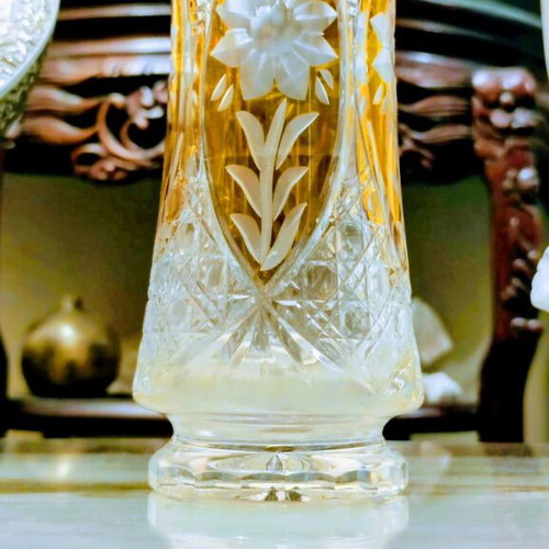 Bohemian Crystal Vase hand-cut with carved flowers, like new