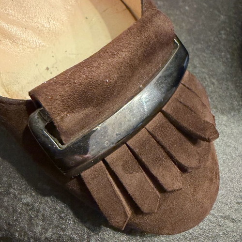 Kalogirou dark brown suede heeled loafers used with metal buckle and fringe size 38.5