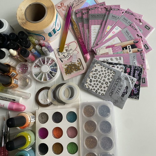 Nail Art Equipment used with stickers, caviar, gels, brushes
