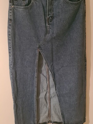 Pink Woman denim skirt new, long with front side slit, blue, size L