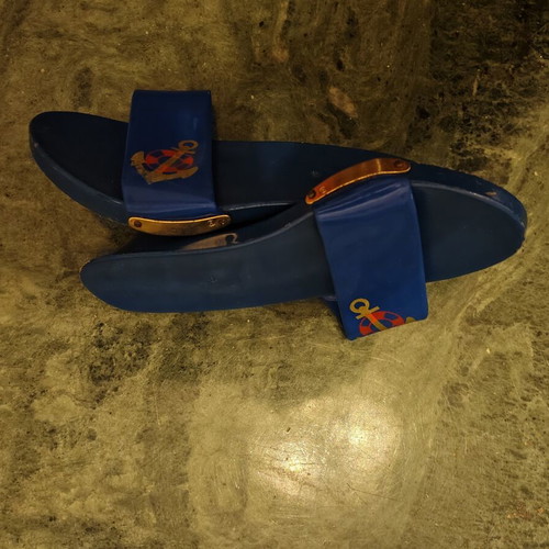 Retro children's wooden clogs used, blue nautical design 1970s