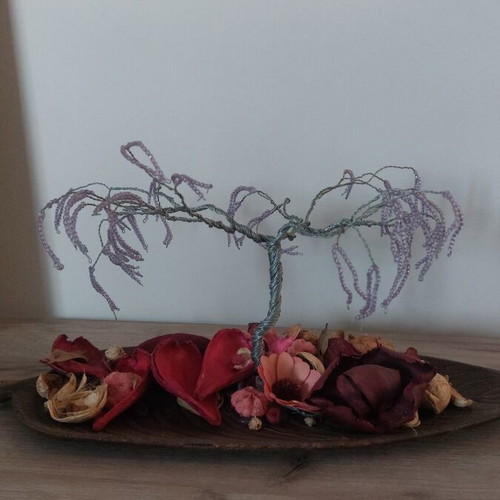 Decorative tree with wire and purple beads on wooden leaf new