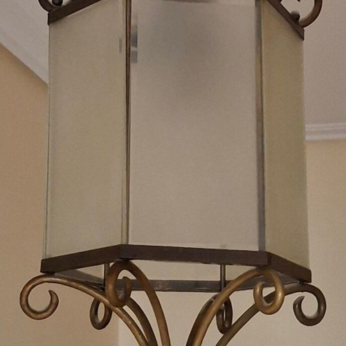 Vintage hexagonal brass ceiling light lantern like new, frosted glass