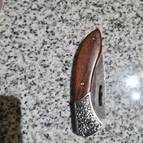 Damask steel folding pocket knife with wooden handle
